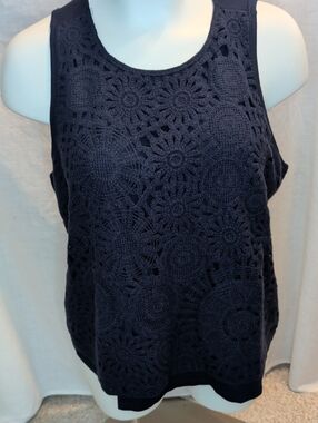 Tank Top 3X Navy Blue Crochet Overlay T-Shirt Scoop Neck Boho Tee Plus Size New